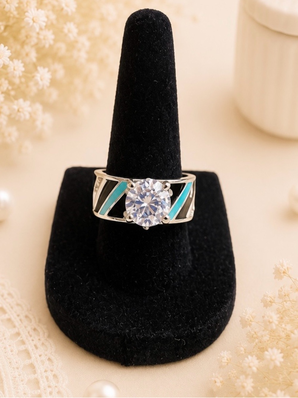 Turquoise Accent Ring with Clear Cubic Zirconia Center Stone-Silver Tone-Size 7
